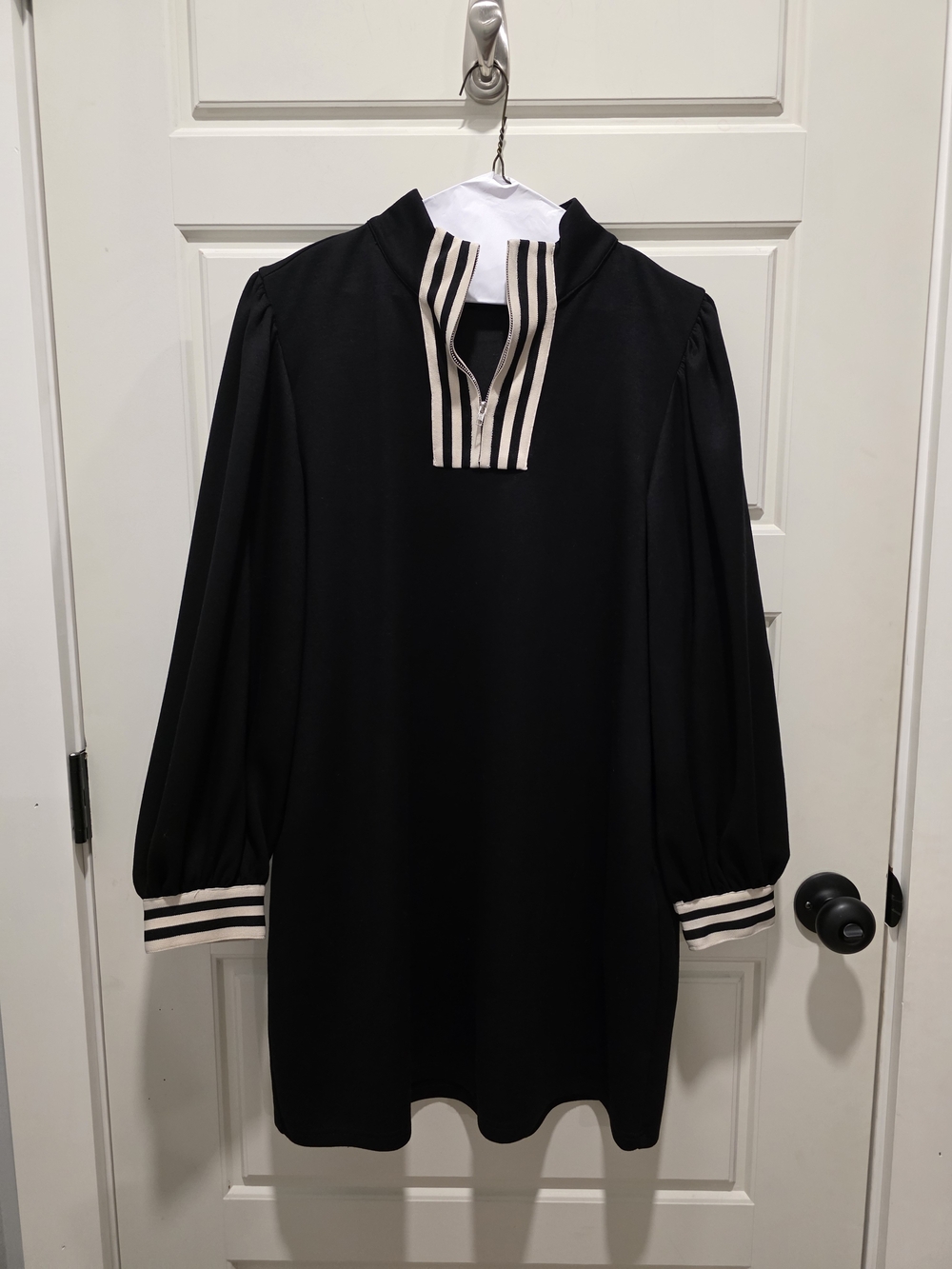 JODIFL Black Long Sleeve Dress with Cream Stripe Trim